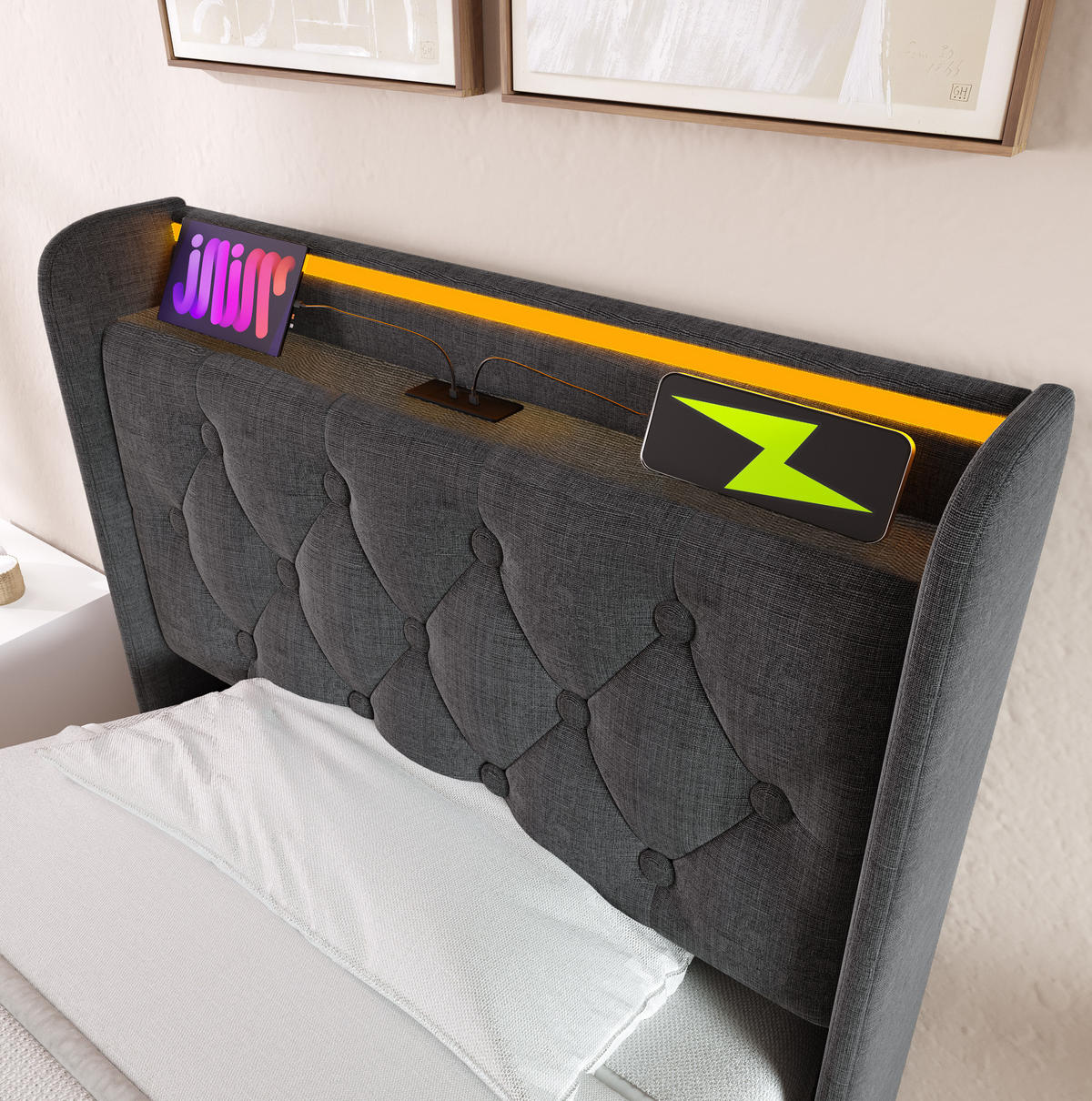 POLSTERBETT 90/200 cm Grau aus Leinen mit LED und Bettkasten - Grau, Textil (90/200cm) - OKMYHOME