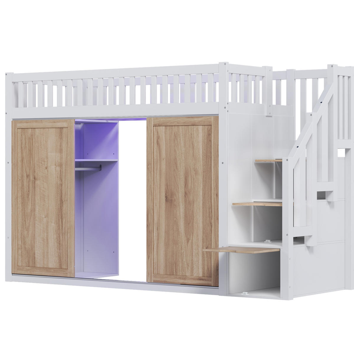 HOCHBETT 90/200 cm mit Kleiderschrank, Treppenschrank und App-gesteuerter LED-Lichtleiste, Weiß/Eichefarben - Weiß, Holzwerkstoff (90/200cm) - Redom