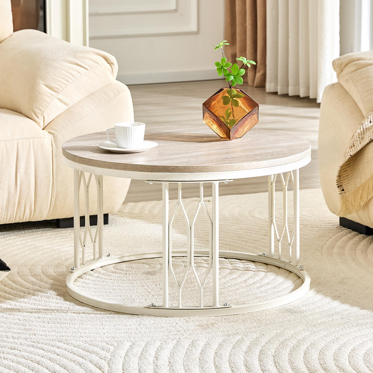 COUCHTISCH DE-37365 rund mit Holzoptik Weiß - Weiß, Metall (70/70/40.5cm) - ComfortXL