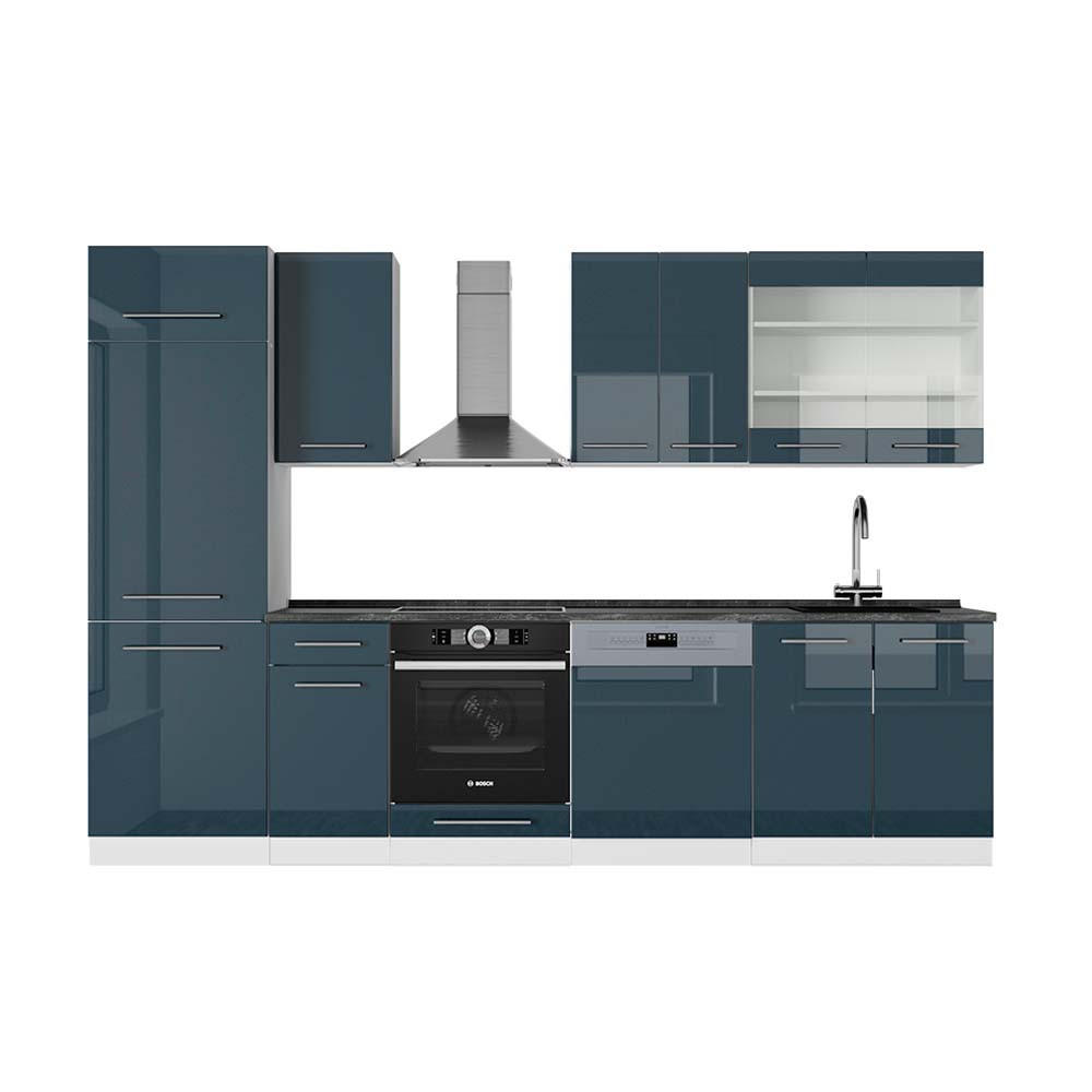 KÜCHENZEILE Fame-Line Dunkelblau Hochglanz/Weiß 300 cm, AP Anthrazit - Dunkelblau/Weiß, Holzwerkstoff (300/81.6/60cm) - Vicco