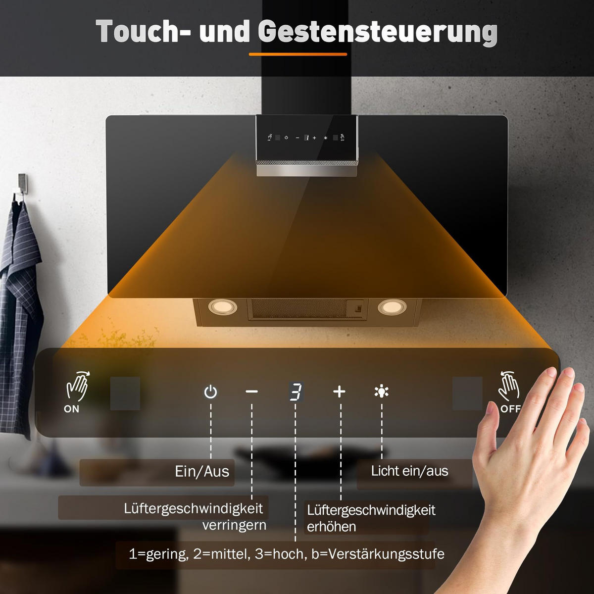 DUNSTABZUGSHAUBE Schwarz mit Touch-Bedienung, LED-Beleuchtung, Aktivkohlefilter - Schwarz, Metall (43/48.51/96.01cm) - Korfee