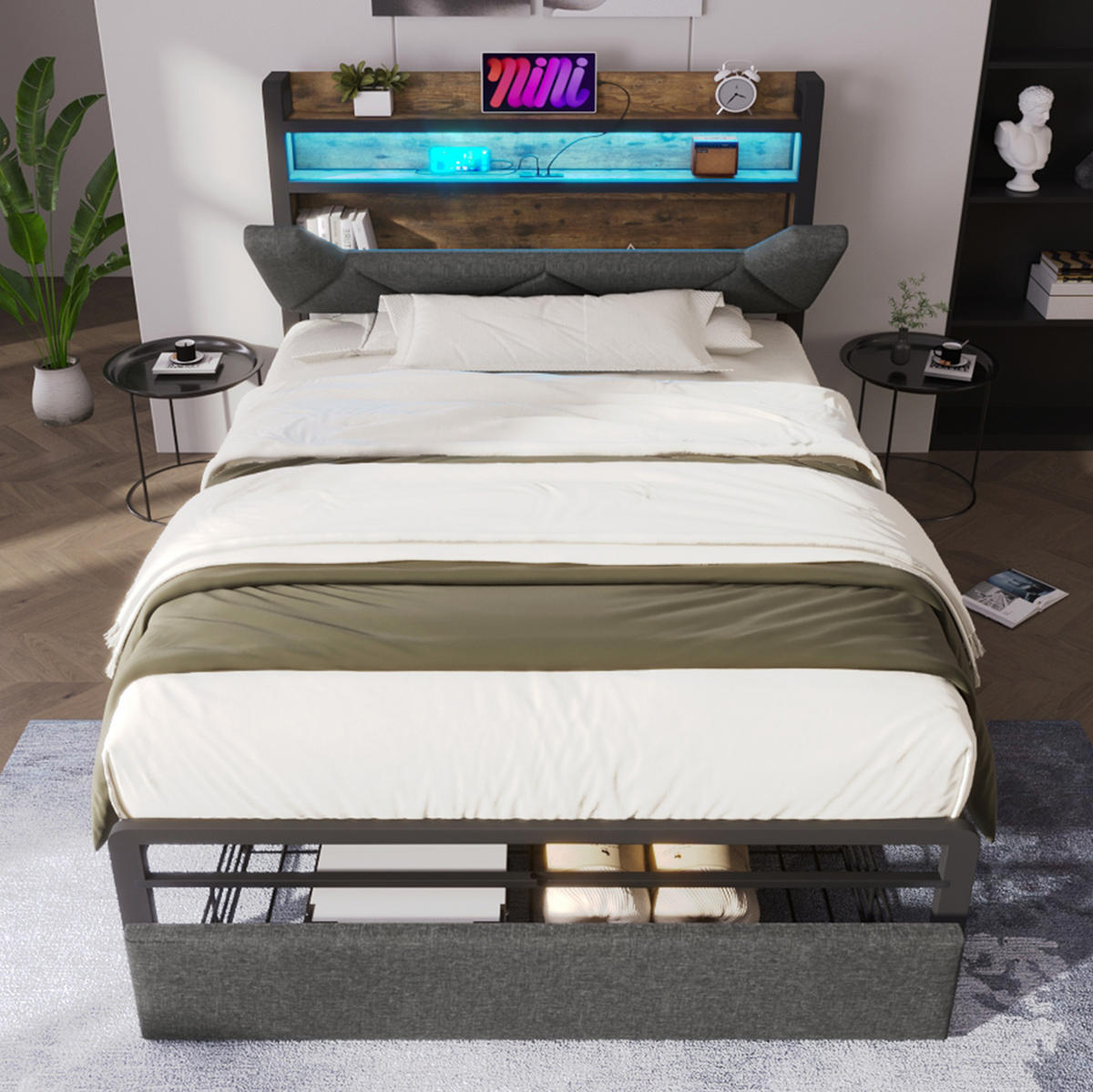 BETT aus Leinen 90x200 cm Grau mit LED, USB-C, Stauraum-Kopfteil und Schublade - Grau, Textil (90/200cm) - Modfu