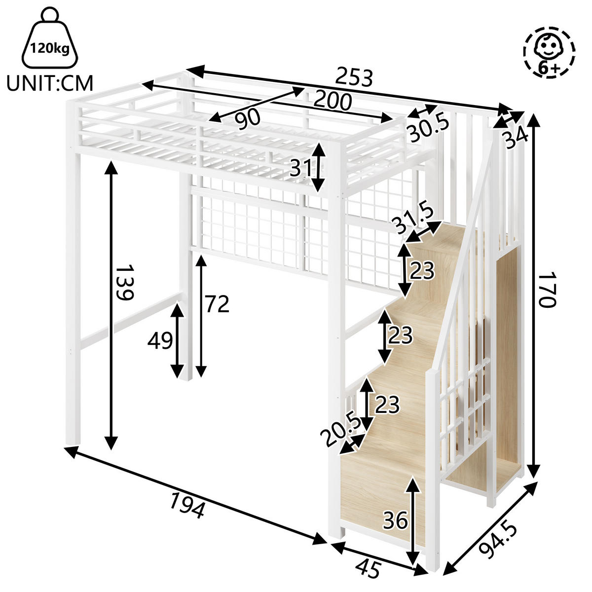 HOCHBETT 90x200 cm LED Schrank weiß - Weiß, Metall (90/200cm) - LEBENLANG