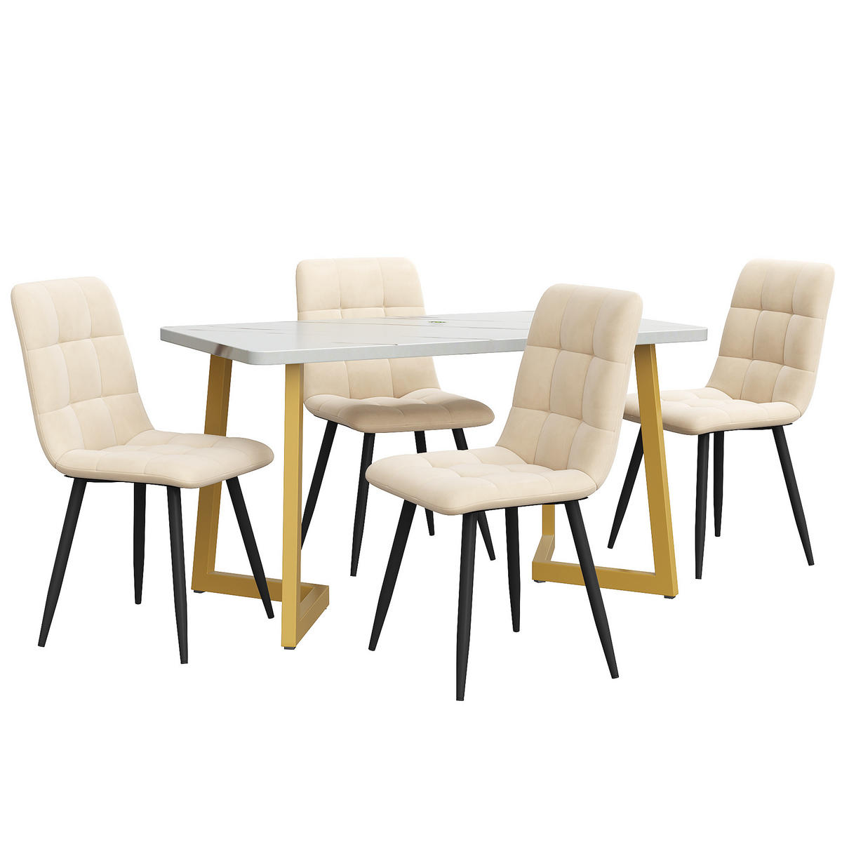 ESSZIMMER-SET 5-teilig mit rechteckigem Tisch 117×68 und vier beigen Samtstühlen mit Metallbeinen als moderner Küchentisch, weiß-beige - Beige, Holzwerkstoff (68/75/117cm) - Luhomfu