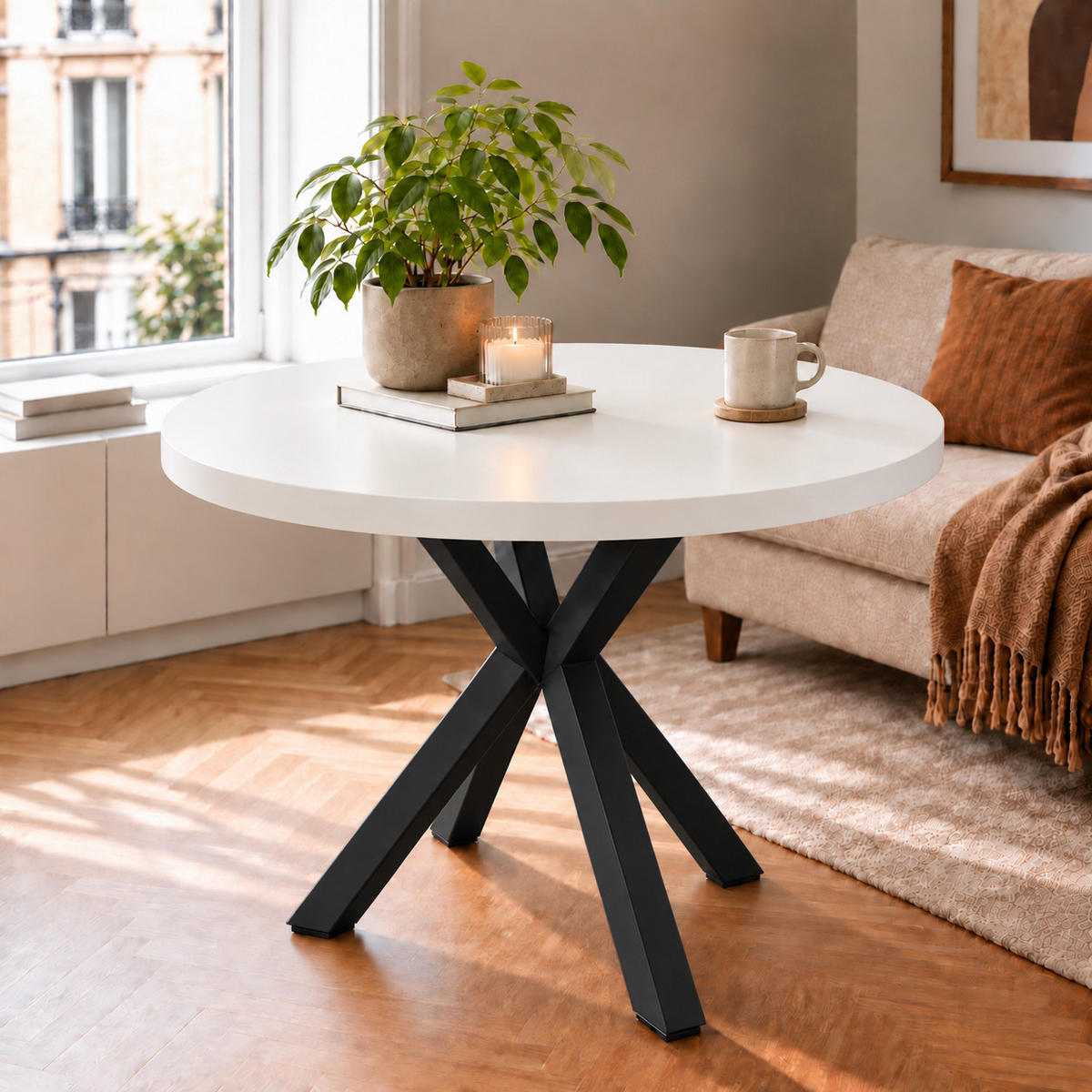 ESSTISCH rund ausziehbar 110/210/76 cm, Weiß, 54 cm Tischplatte + X Metallbeine Schwarz - Schwarz/Weiß, Holzwerkstoff/Metall (110/210/76cm) - Damale Möbel