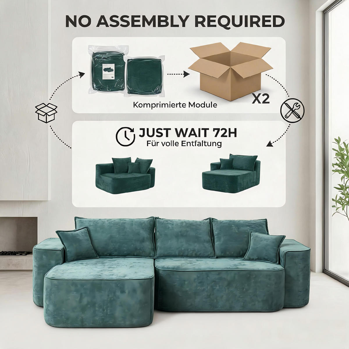ECKSOFA 262/144/65 cm Grün mit Aufbewahrungsbeutel - Grün, Textil (262/144cm) - Oxeza