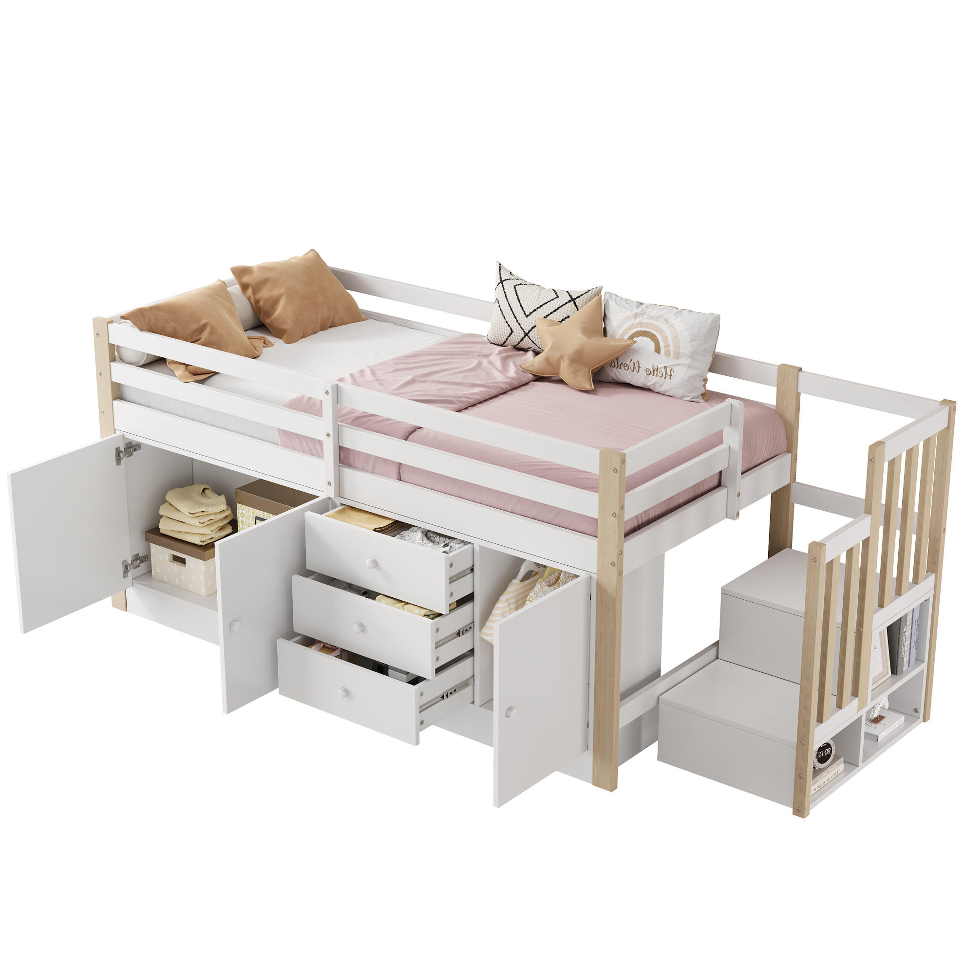 HOCHBETT 90/200 cm aus MDF mit Treppe und Stauraum Weiß - Weiß, Holzwerkstoff (90/200cm) - Modenvie