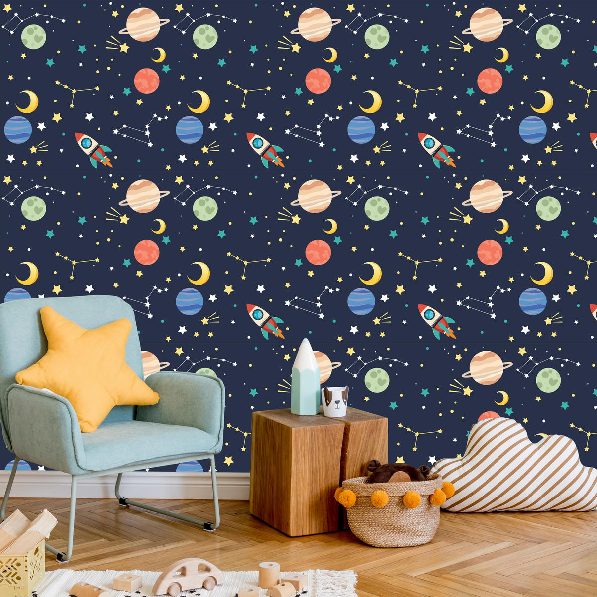 VLIESTAPETE Weltraum, Planeten und Raketen – Dunkelblau, Bunt – 50x1000 cm - Multicolor/Dunkelblau, Papier (50/1000cm) - Muralo