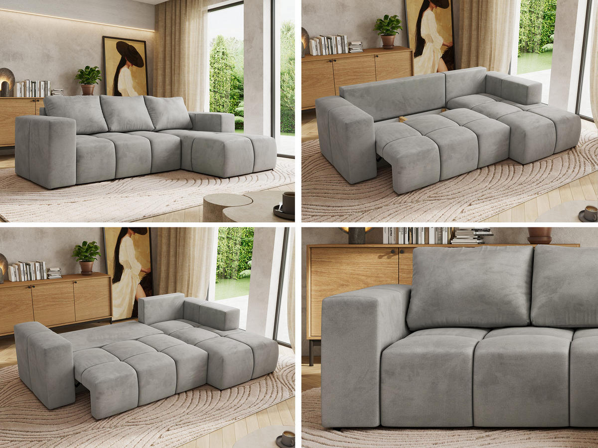 ROHOVÁ SEDAČKA MONIVA L - Světle šedá Samet - Pravá Strana - černá/světle šedá, textil/plast (266/164cm) - MKS