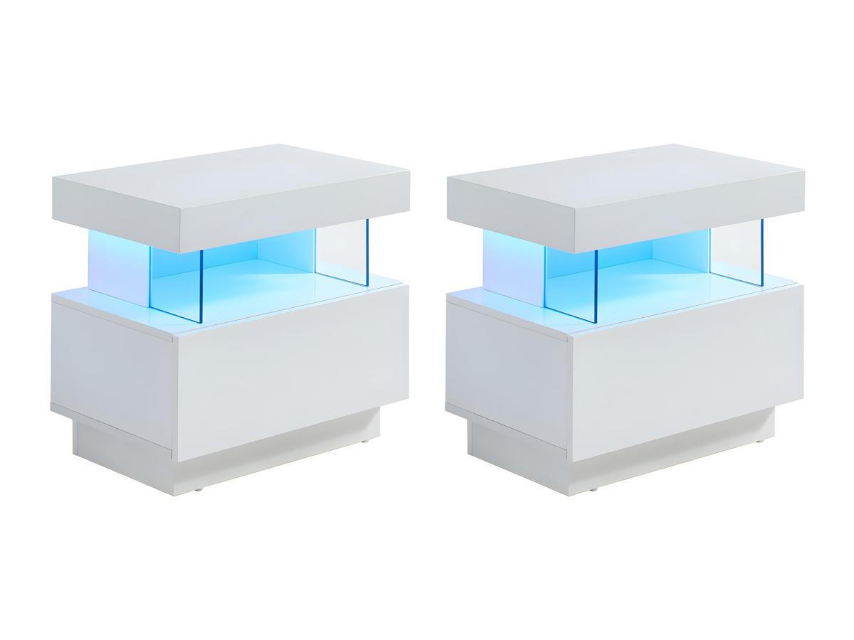 2ER-SET Nachttische mit 1 Schublade & 1 Ablage + LEDs - MDF - Weiß lackiert - FABIO II - Weiß, Holz (39/52/57cm) - Vente-Unique