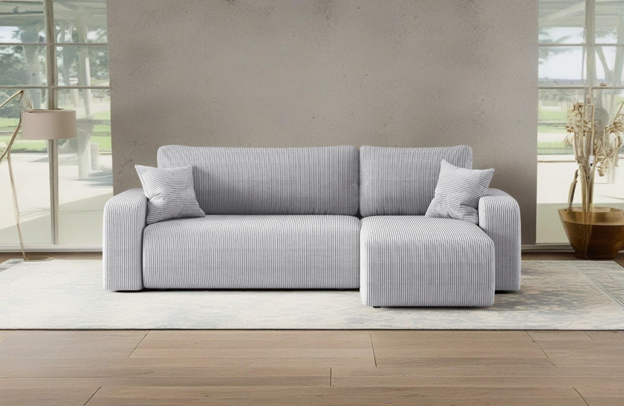 ECKSOFA L-FORM Schlaffunktion Und Bettkasten Eckcouch MILANO L Stoff Dicker Cord Grau Rechts - Grau, Holz/Textil (244/142cm) - Kaiser Möbel