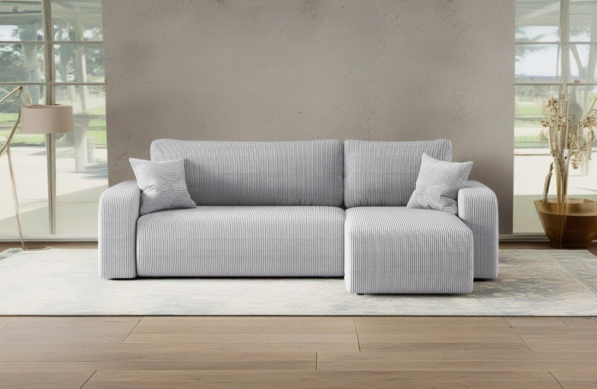 ECKSOFA L-FORM Schlaffunktion Und Bettkasten Eckcouch MILANO L Stoff Dicker Cord Grau Rechts - Grau, Holz/Textil (244/142cm) - Kaiser Möbel