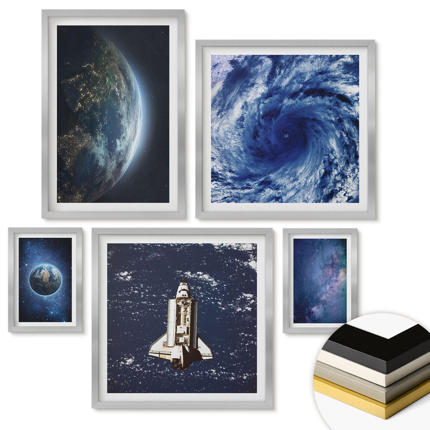 WANDBILDER 5er Set - 50x50 cm & 20x30 cm & 40x60 cm Silberner Rahmen - Erde Weltraumsturm Galaxie - Silberfarben, Kunststoff (40/60cm) - ArtPrintCave