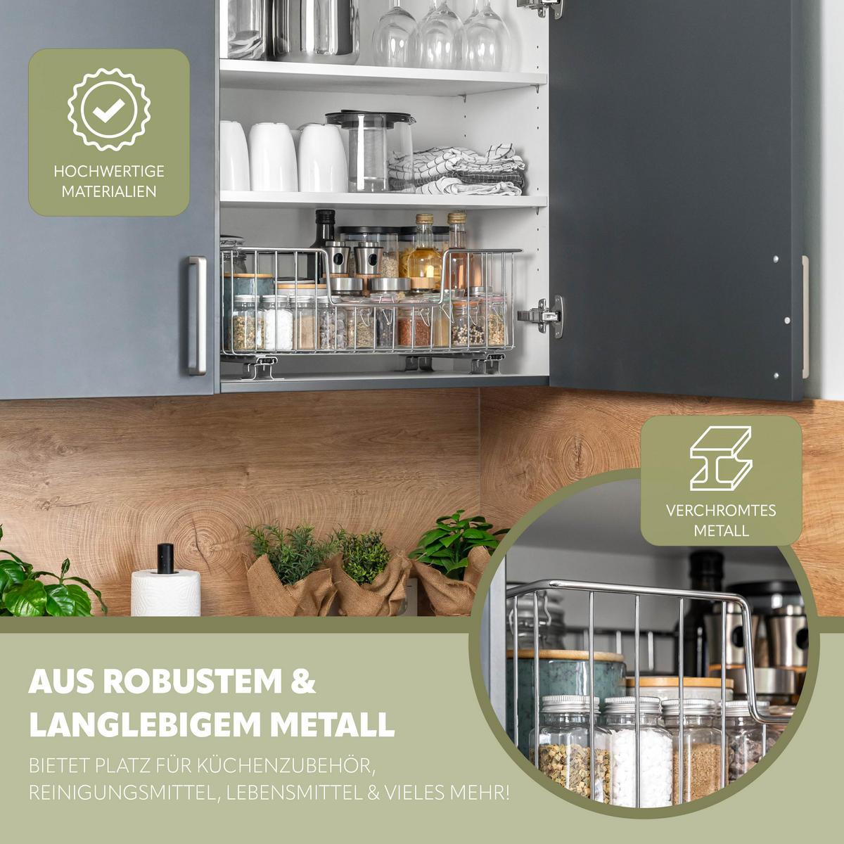 KORBAUSZUG (2er Set), 50 cm Breite, für Oberschränke, Chrom - Silberfarben, Metall (50/20/28.5cm) - bremermann