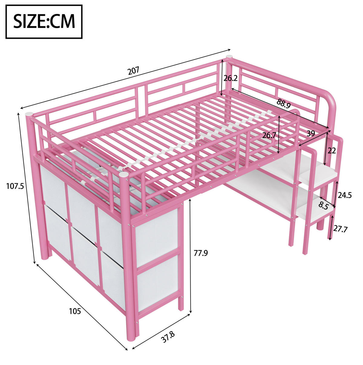 HOCHBETT 90/200 cm in Rosa mit Stauraum und breiten Stufen - Rosa, Metall (90/200cm) - BEAOK