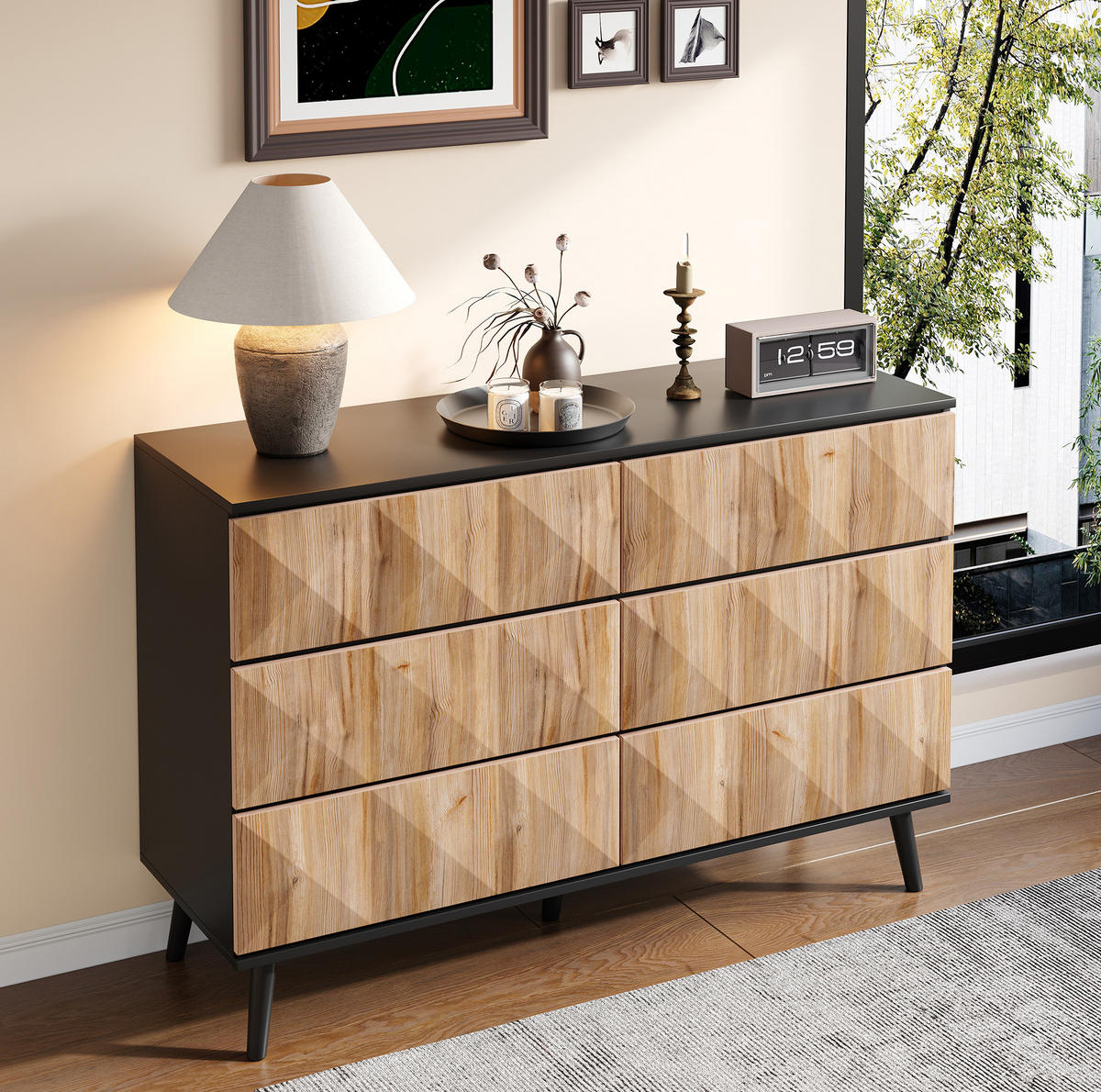 SIDEBOARD aus MDF/Spanplatte in Schwarz und Holzoptik mit 6 Schubladen, 120/40/85 cm,Naturfarben - Naturfarben, Holzwerkstoff (40/85/120cm) - Redom