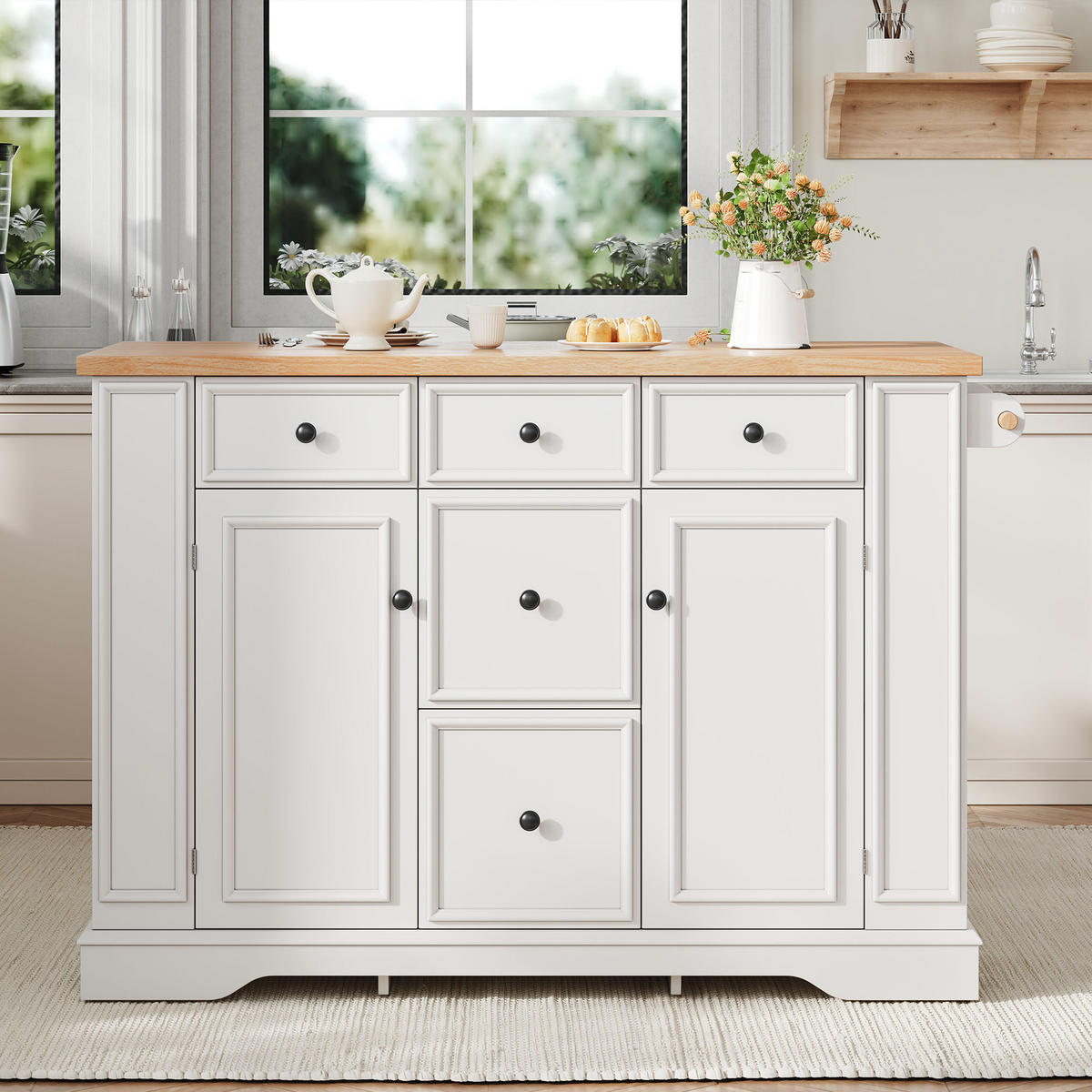 KÜCHENINSEL aus MDF 130.5x40-65x92 cm Weiß mit klappbarer Platte & Ladestationc - Weiß, Holzwerkstoff (130.5/92/65cm) - Modfu