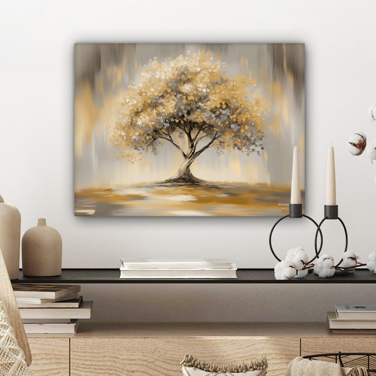 LEINWANDBILD Gemälde - Baum - Abstrakt - Blätter Wandbild 40x30 cm - Beige, Textil (40/30cm) - MuchoWow