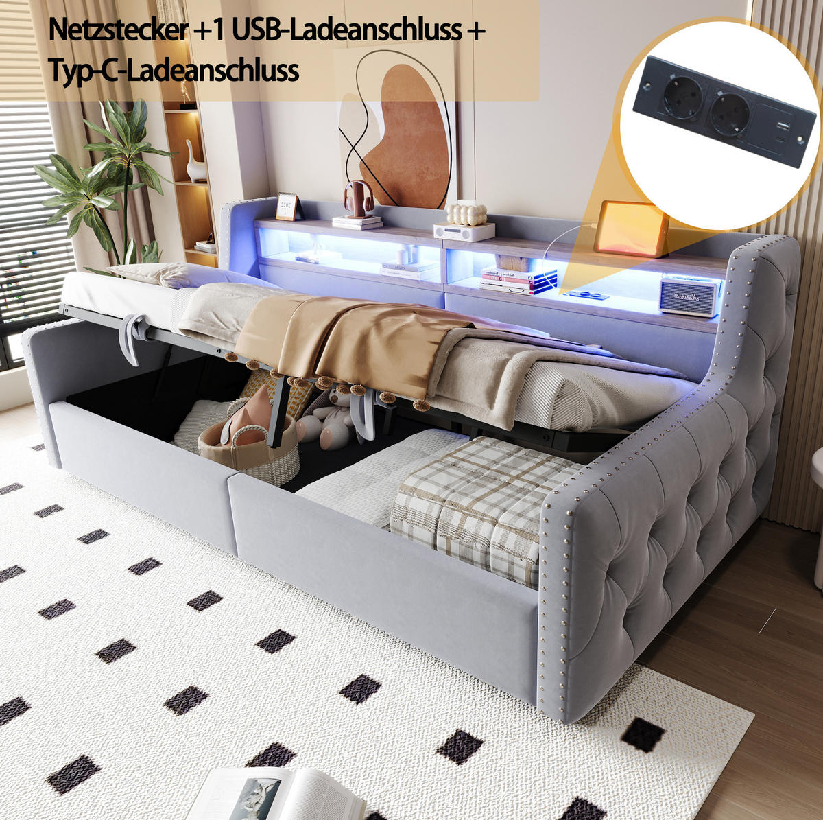 POLSTERBETT 90/200 cm aus Samt mit LED, Stauraum und Ladeanschlüssen Hellgrau - Hellgrau, Textil (90/200cm) - Modenvie