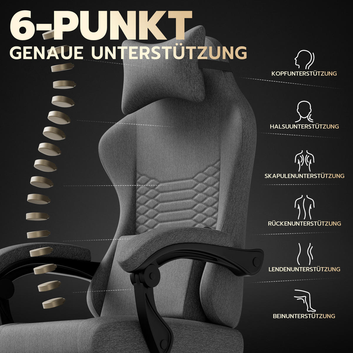 GAMING-STUHL ergonomisch Stoff Dunkelgrau mit Fußstütze - Dunkelgrau, Kunststoff (63/120.5/58.5cm) - Meubliv