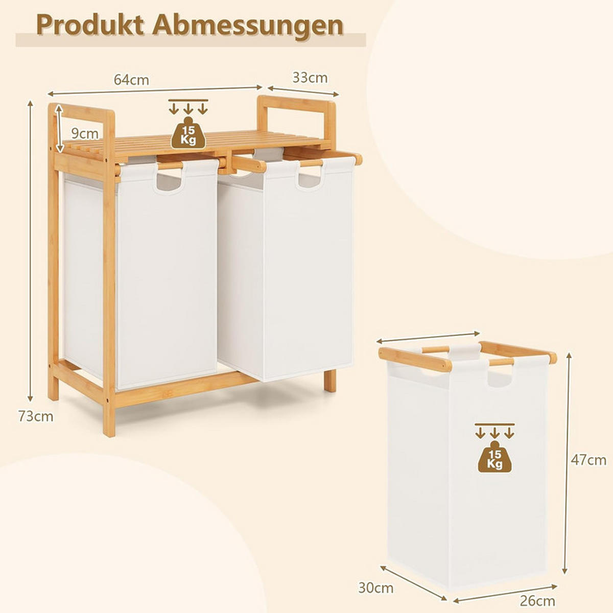 WÄSCHEKORB mit Wäschesäcken weiß - Weiß, Naturmaterialien (64/73/33cm) - COSTWAY