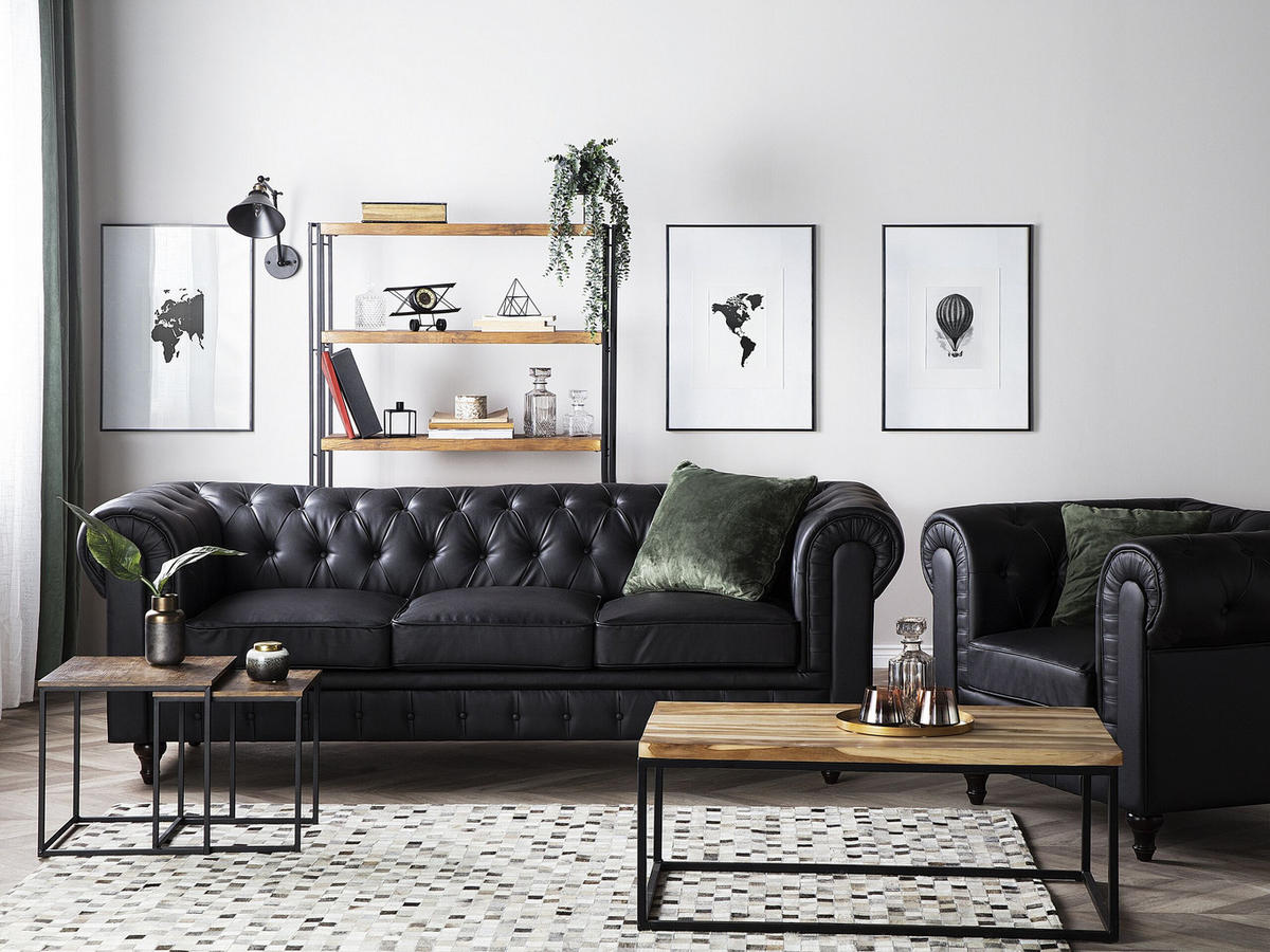 3-SITZER-SOFA Kunstleder Schwarz Chesterfield - Schwarz, Kunststoff/Textil (222/78/85cm) - Beliani