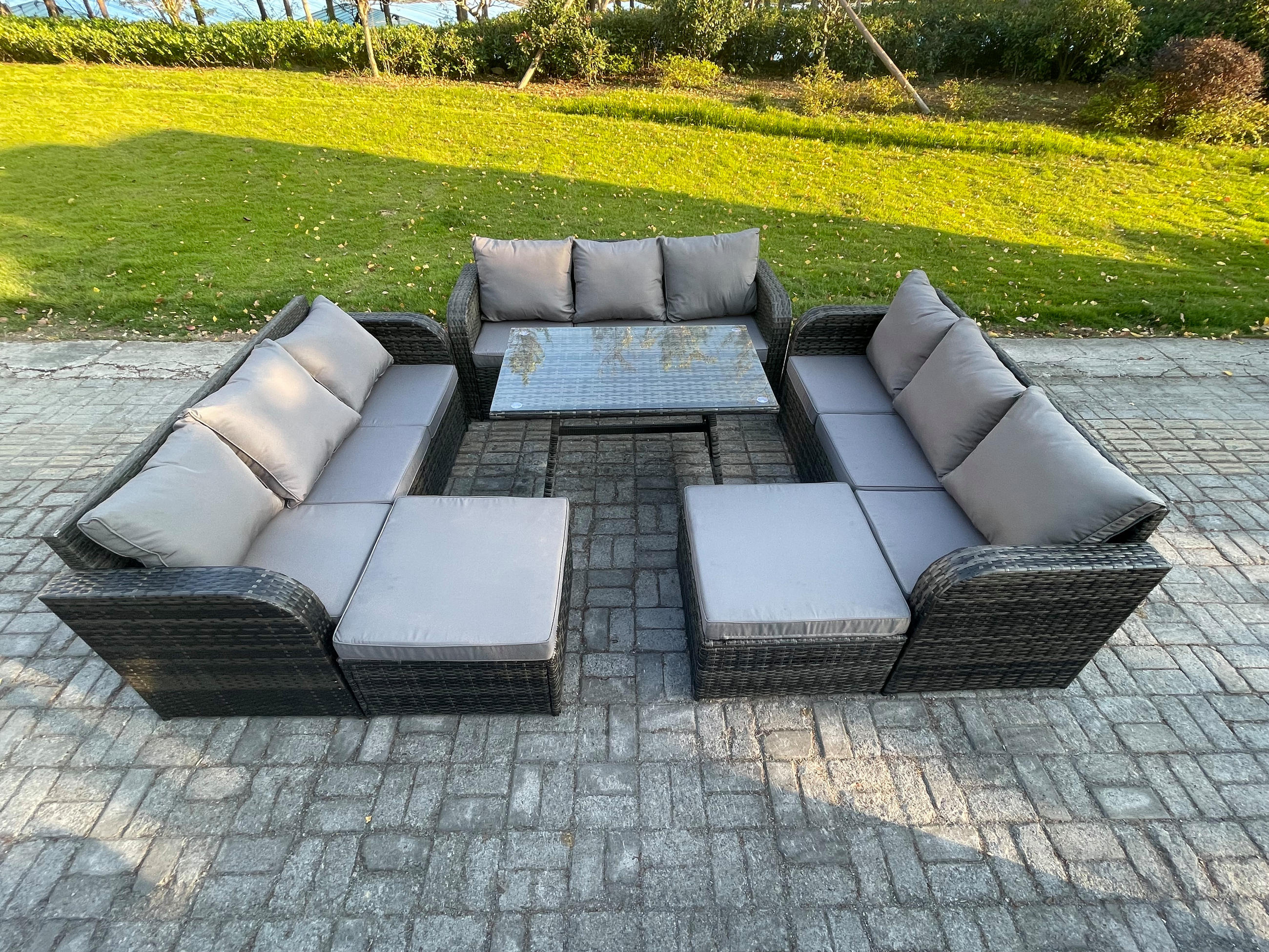 GARTENMÖBELSET mit ESSTISCH,SOFA Polyrattan 11-Sitzer - Dunkelgrau/Grau, Glas/Kunststoff - Fimous