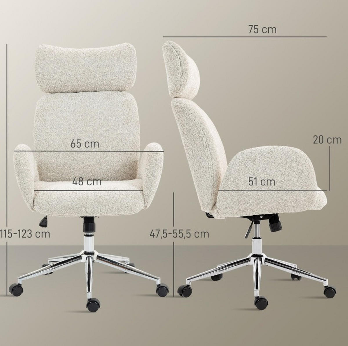BÜROSTUHL in Hellgrau 65x75x123 cm mit verstellbarer Kopfstütze und Kippfunktion - Hellgrau, Textil (75/123/65cm) - IVMEU