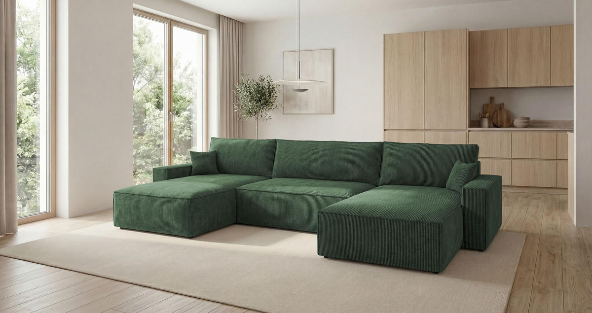 SEDACÍ souprava VIENNA tvar U zelená manšestr Poso 14 - funkce spaní, úložný prostor - zelená barva, textil (385/86/185cm) - Cornero