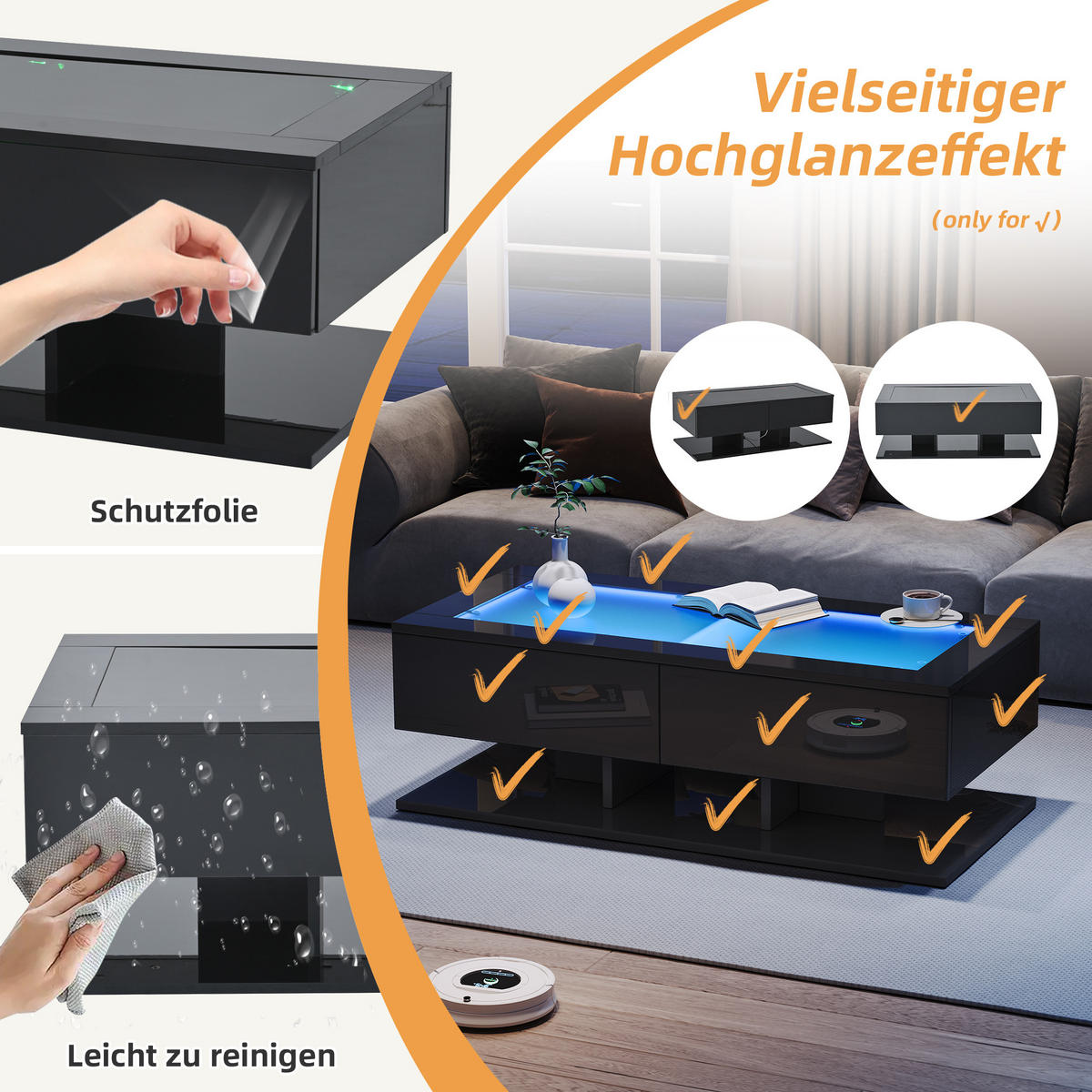 COUCHTISCH DE-102 LED Glas Schwarz 100/50/35 cm - Schwarz, Holzwerkstoff (50/100/35cm) - ComfortXL