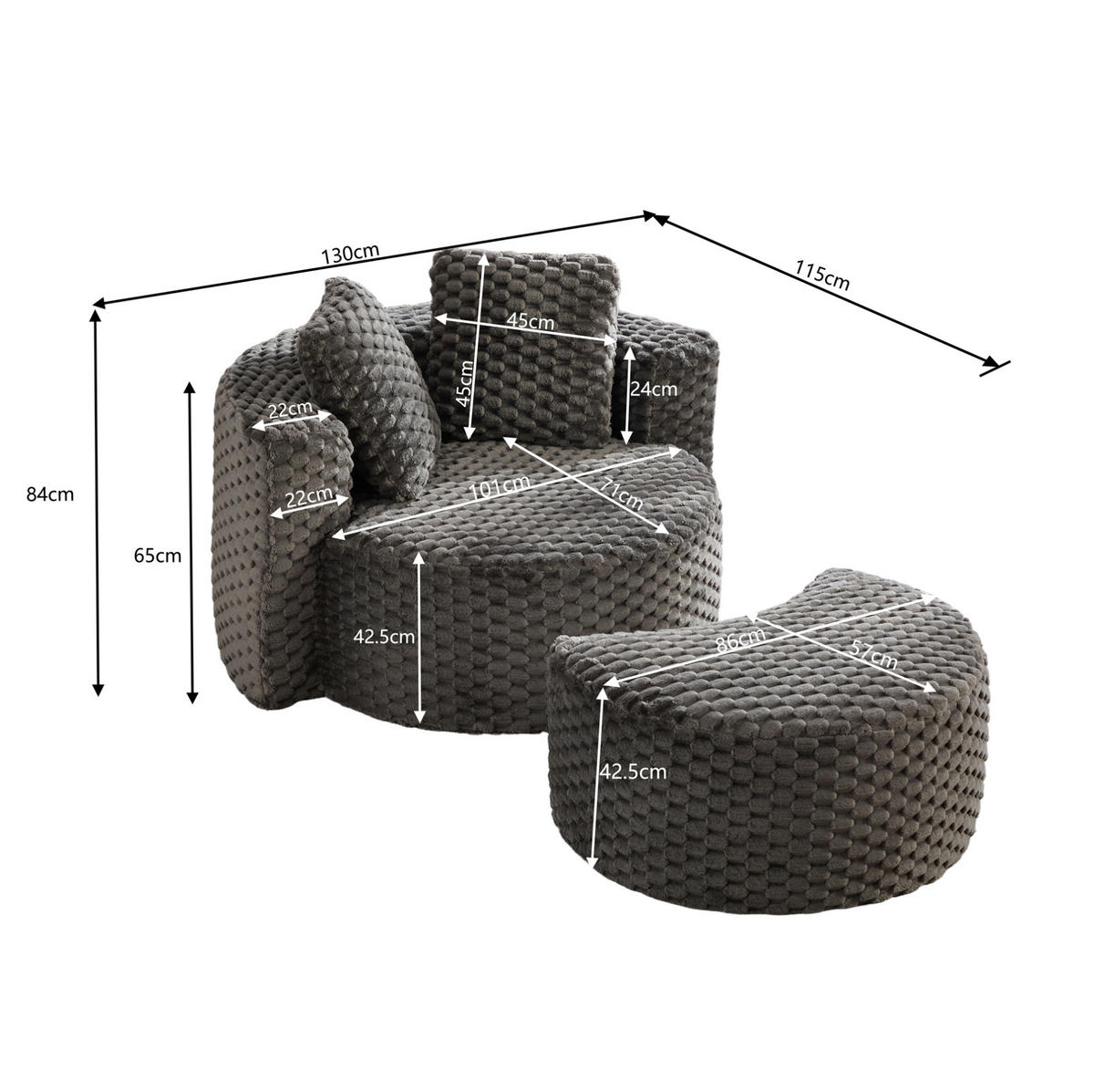 SESSEL mit Hocker 130 x 115 x 103 cm Stoff Dark Grey - Dunkelgrau, Holzwerkstoff (116/65/129cm) - Meubliv