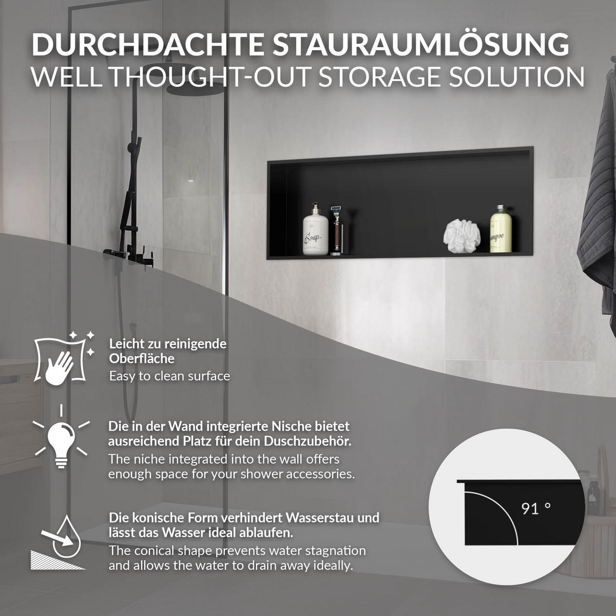 DUSCHNISCHE Schwarz 90/30 cm - Schwarz, Metall (90/30/10cm) - LuxeBath