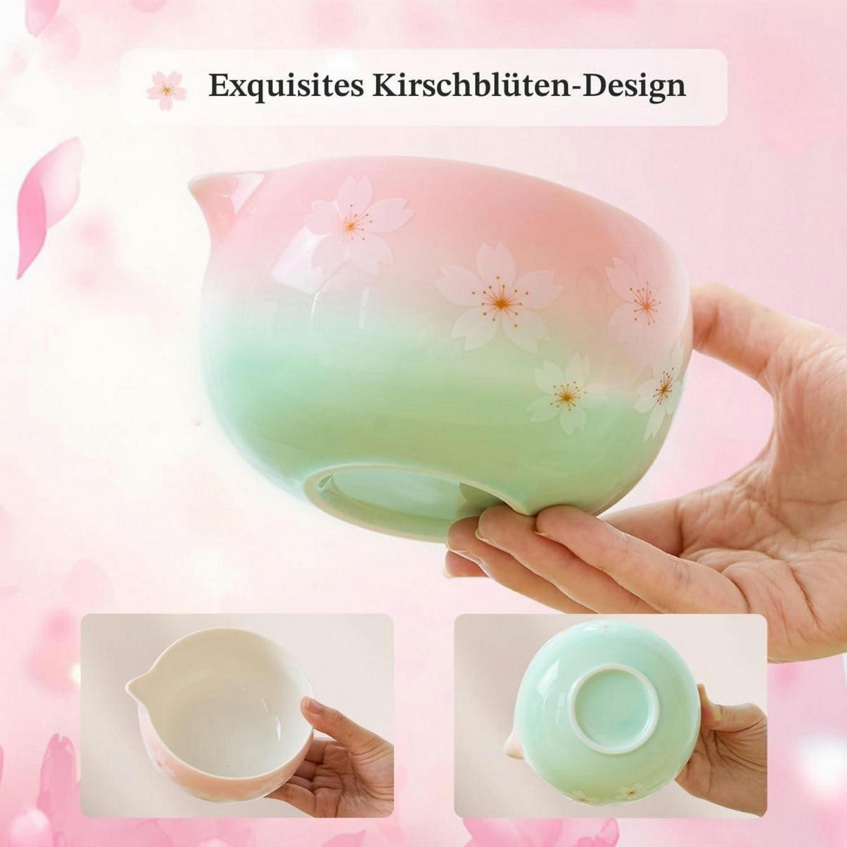 MATCHA Set 6-teiliges Set Keramikschale Bambusbesen Sieb Löffel Geschenk Sakura - Multicolor, Keramik (15/10/15cm)