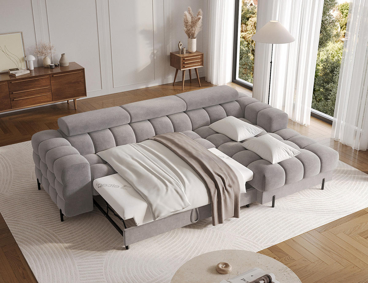 ECKSOFA FELRO mit Schlaffunktion, Bettkasten & verstellbaren Kopfstützen – Modernes Premium-Ecksofa in L-Form - Grau, Kunststoff (285/181cm) - Wohnideebilder