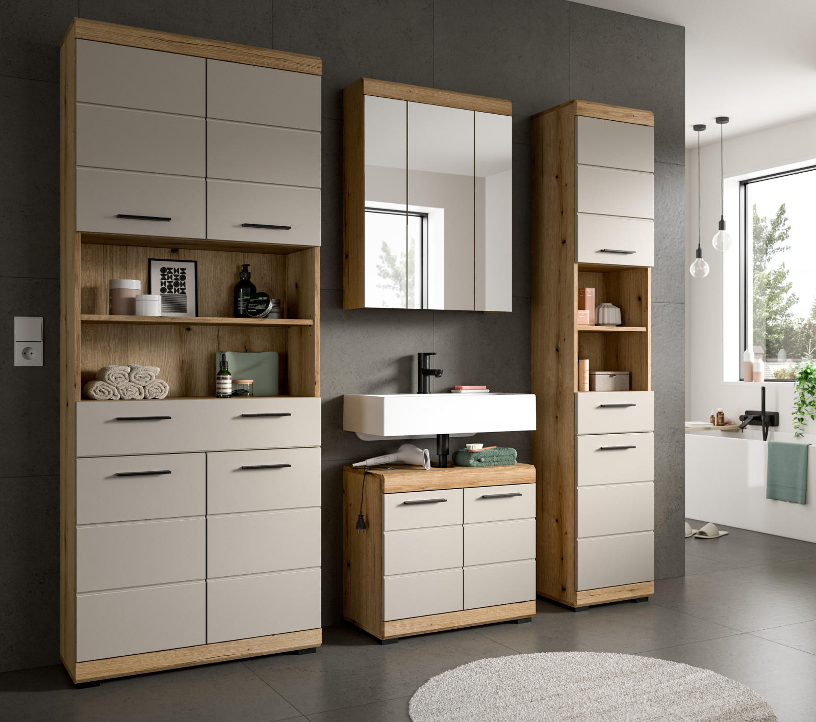 Thumbnail - Inn.Furn Badmöbel-Set, Eiche, Kaschmir, Kunststoff, Nachbildung,Eiche, Uni, 13 Fächer, 2 Schubladen, 201x191x34 cm, FSC ...