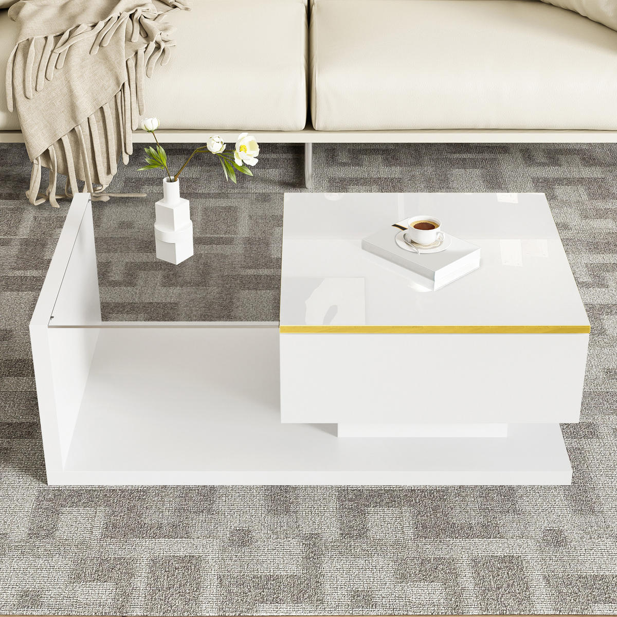 COUCHTISCH 90 cm Hochglanz LED weiß - Weiß, Holzwerkstoff (50/90/32.5cm) - LEBENLANG