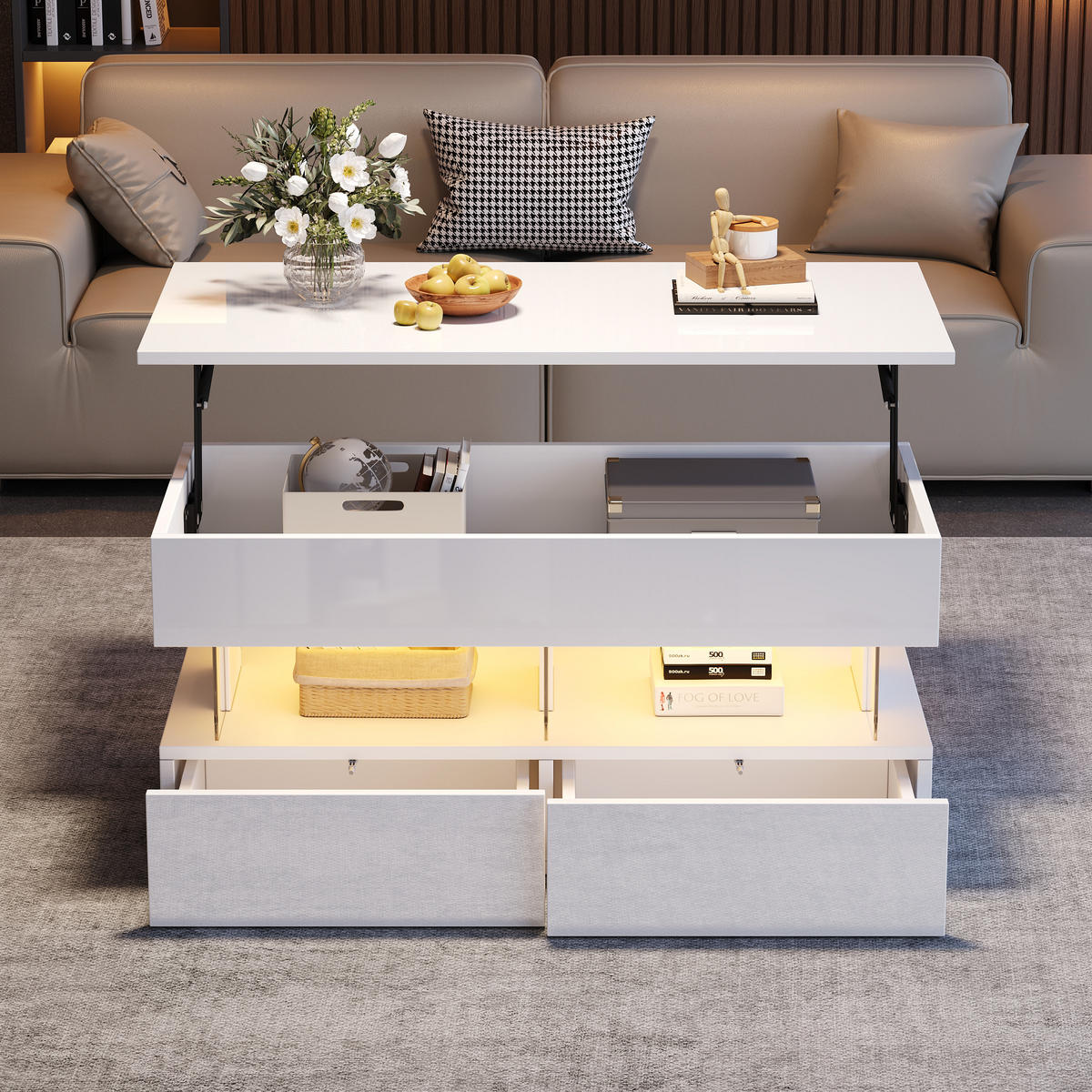 COUCHTISCH 100x50x46 cm Weiß LED Lift 2 Schubladen Stauraum - Weiß, Holzwerkstoff (100/50/46cm)