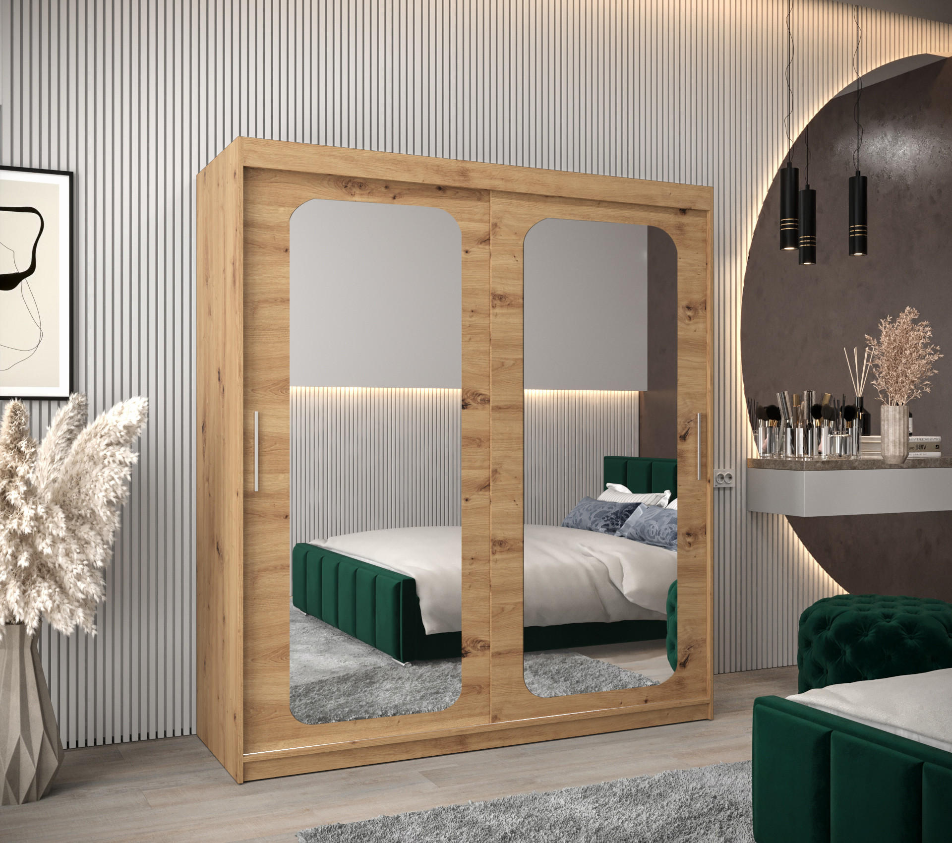 SCHWEBETÜRENSCHRANK 200/180/62 2-türig - Silberfarben/Eiche Artisan, Holz/Kunststoff (180/200/62cm) - MÖBEL KRYSPOL