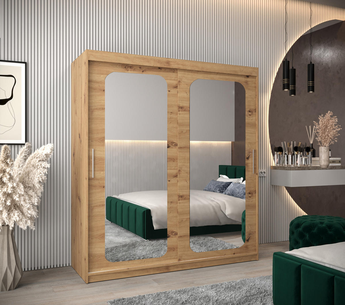 SCHWEBETÜRENSCHRANK 200/180/62 2-türig - Silberfarben/Eiche Artisan, Holz/Kunststoff (180/200/62cm) - MÖBEL KRYSPOL