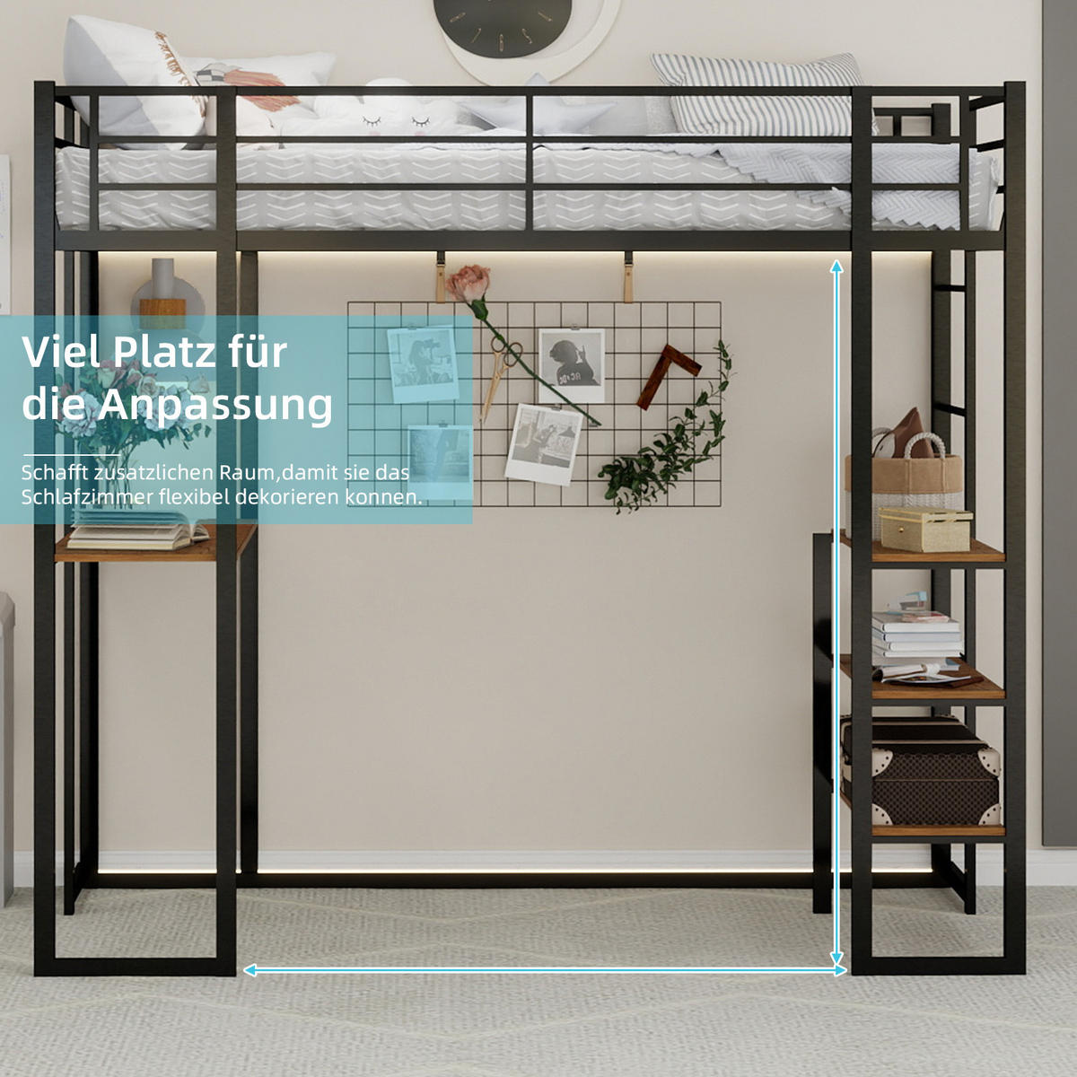 ETAGENBETT 90/200 cm schwarz aus Eisen mit Schreibtisch und beidseitiger Leiter - Schwarz, Metall (90/200cm) - OKWISH