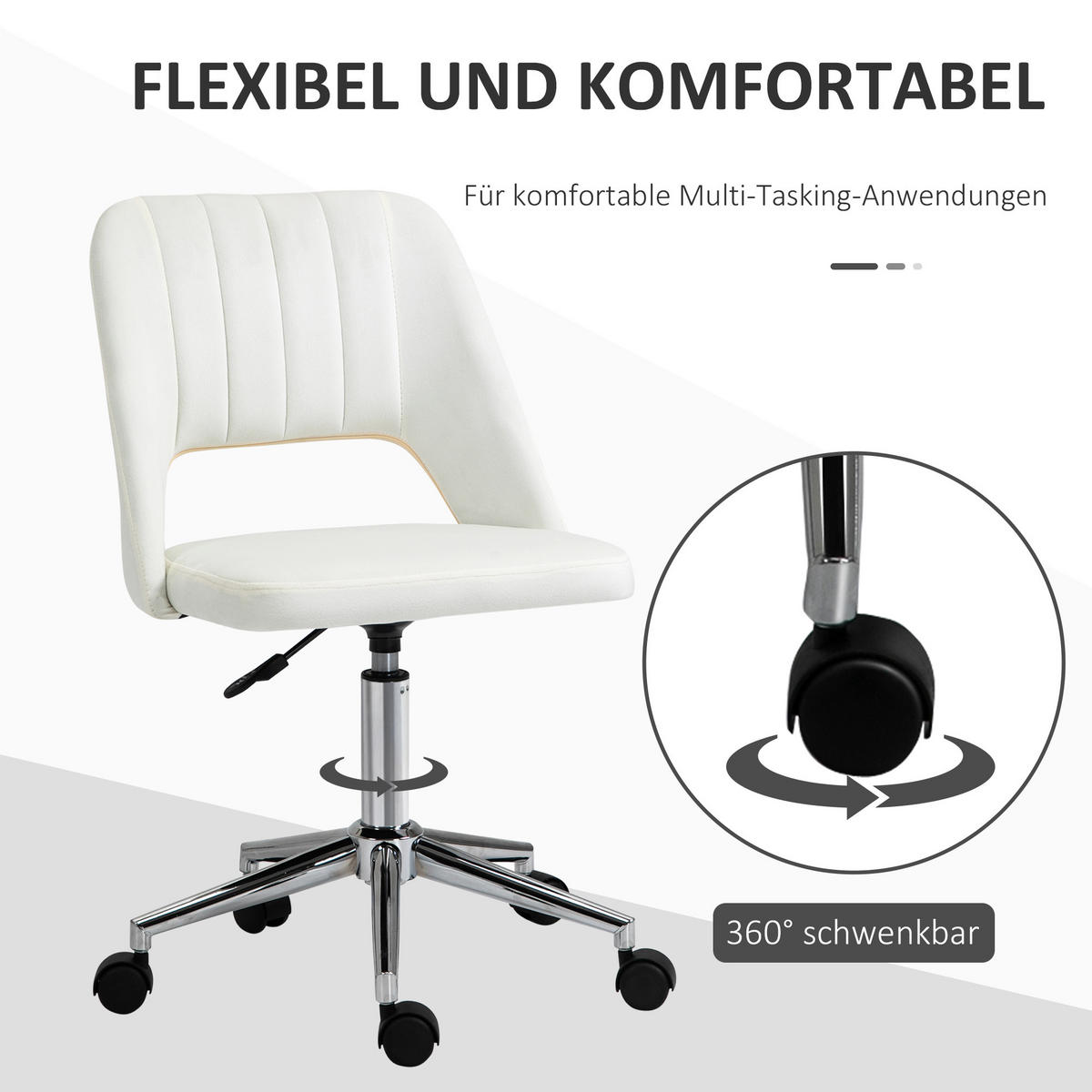 HÖHENVERSTELLBARER Schreibtischstuhl mit Rollen, 360° drehbar, Jakobsmuschel-Form, Schaumstoff, 49 x 60 x 79-91 cm, Cremeweiß - Creme, Textil (60/91/49cm)