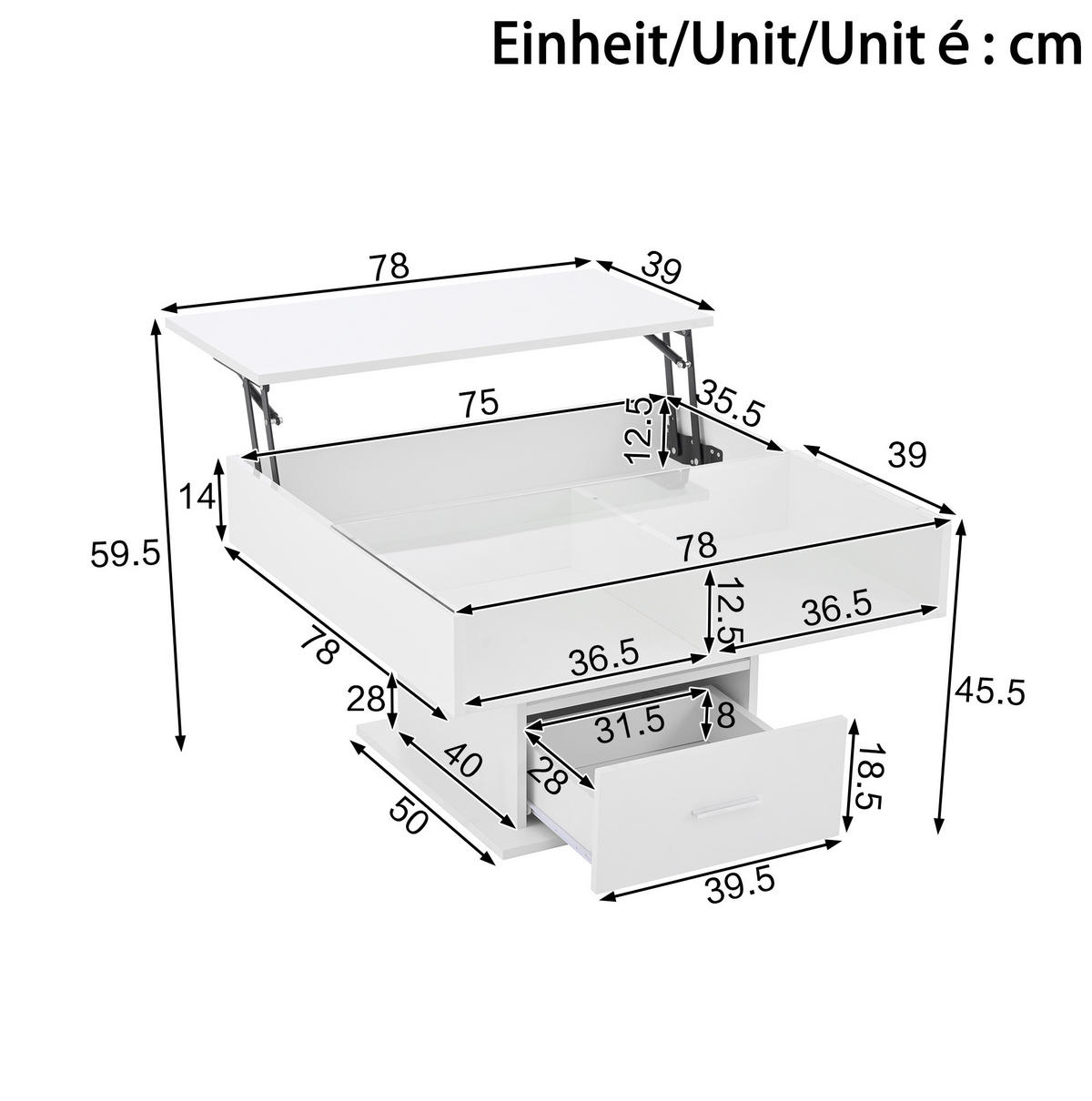 COUCHTISCH 78/78 cm höhenverstellbar mit LED-Beleuchtung und Stauraum - Weiß, Holzwerkstoff (78/78/59.5cm) - BEAOK