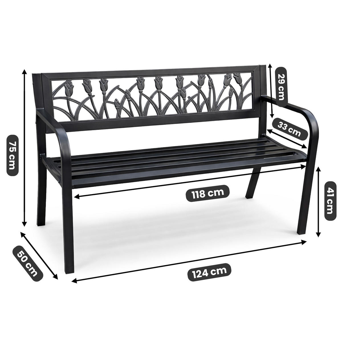 GARTENBANK LISSA Schwarz 124 x 75 x 50 cm - Schwarz, Metall (124/75/50cm) - Akord