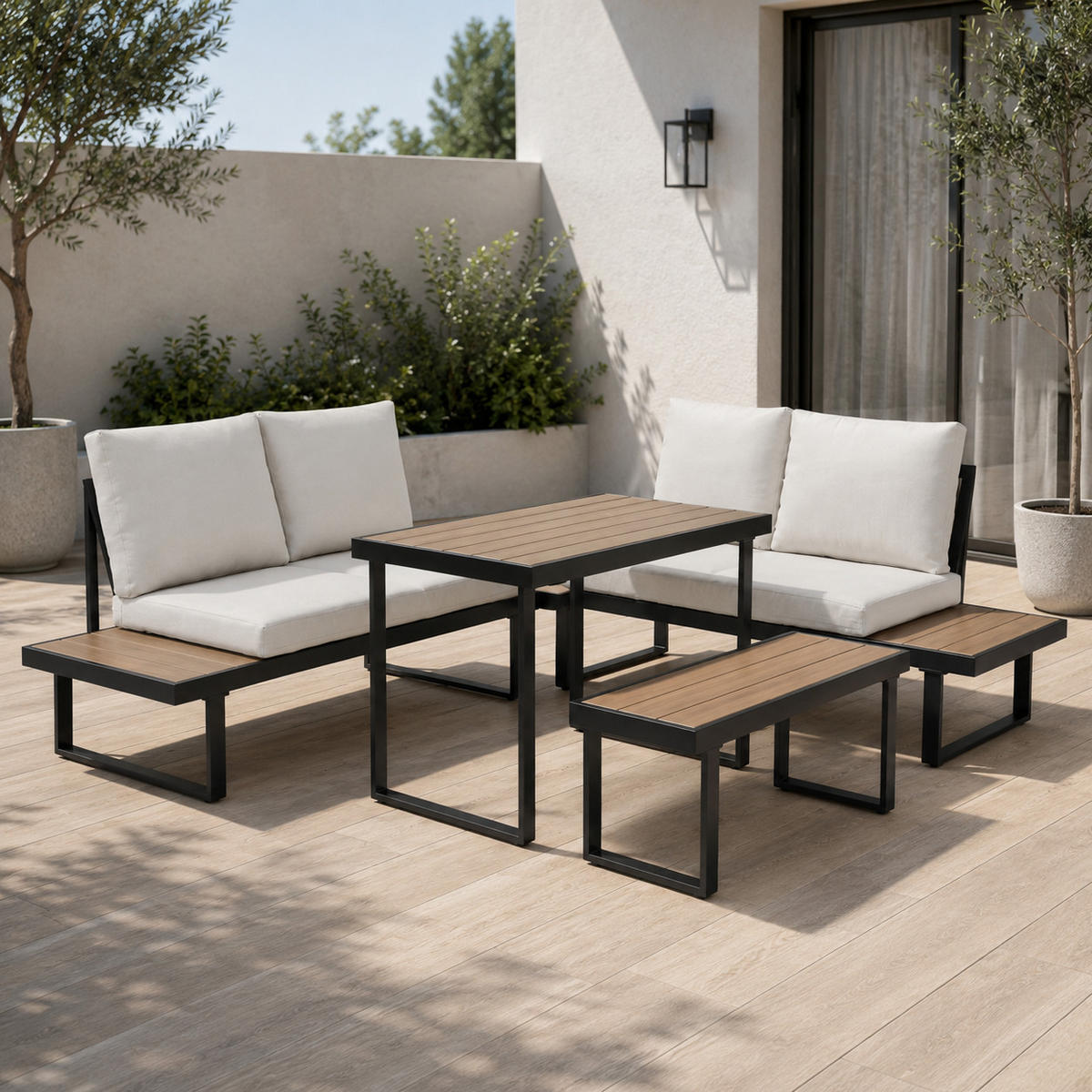 GARTENMÖBEL-SET mit 2 Zweisitzern. 1 Esstisch und 1 Bank. schwarz. beige und dunkle Eiche - Beige/Schwarz, Metall - Home Collective