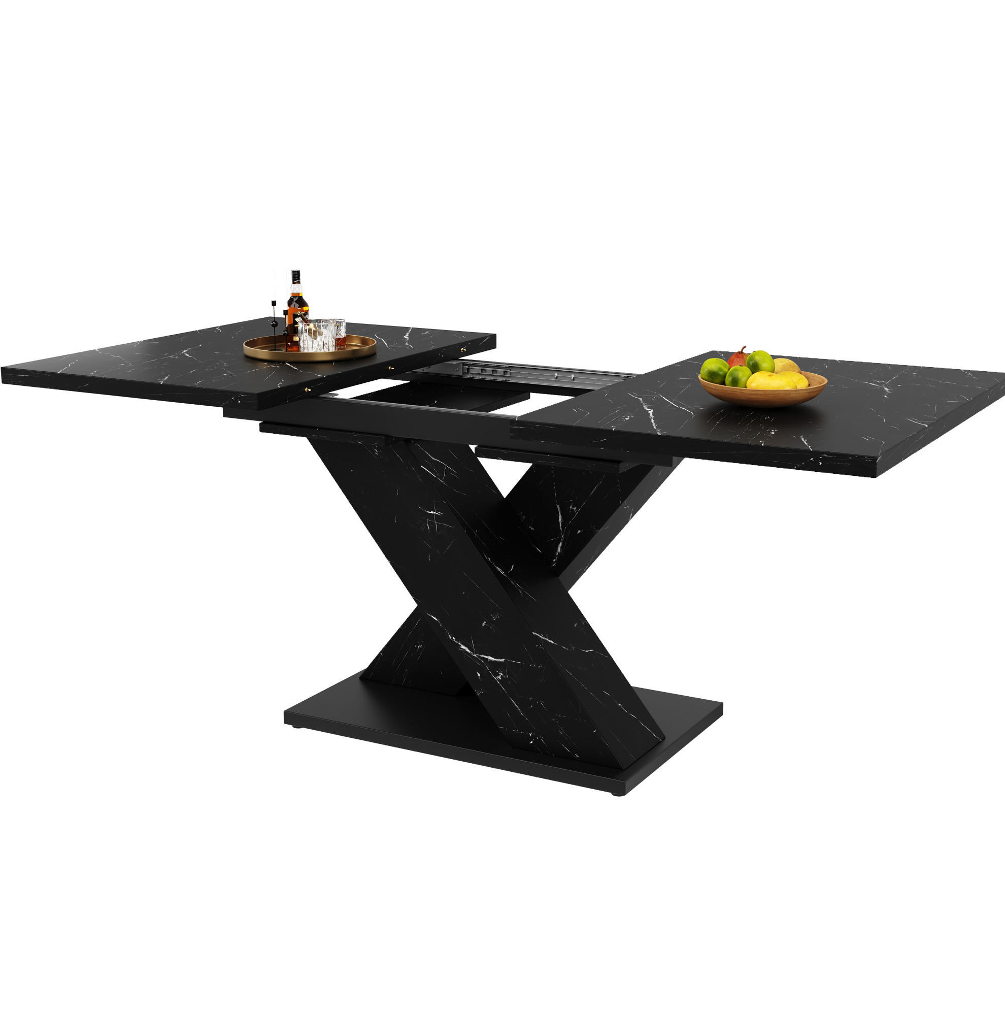 ESSTISCH aus MDF 119,5/159x80x75 cm Schwarz in Marmoroptik, ausziehbar mit X-Gestell - Schwarz, Holzwerkstoff (119/80/75cm) - Modfu