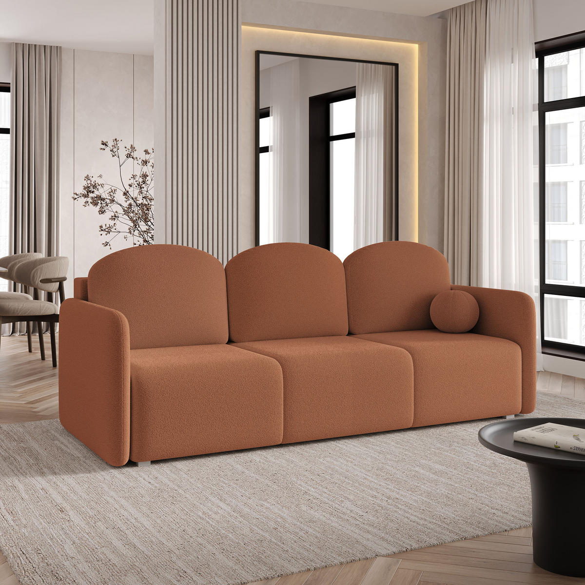 BETTSOFA SUVI III Q Hellbraun Bucle-Stoff mit Schlaffunktion - Braun, Textil (220/85/90cm) - MASSENO