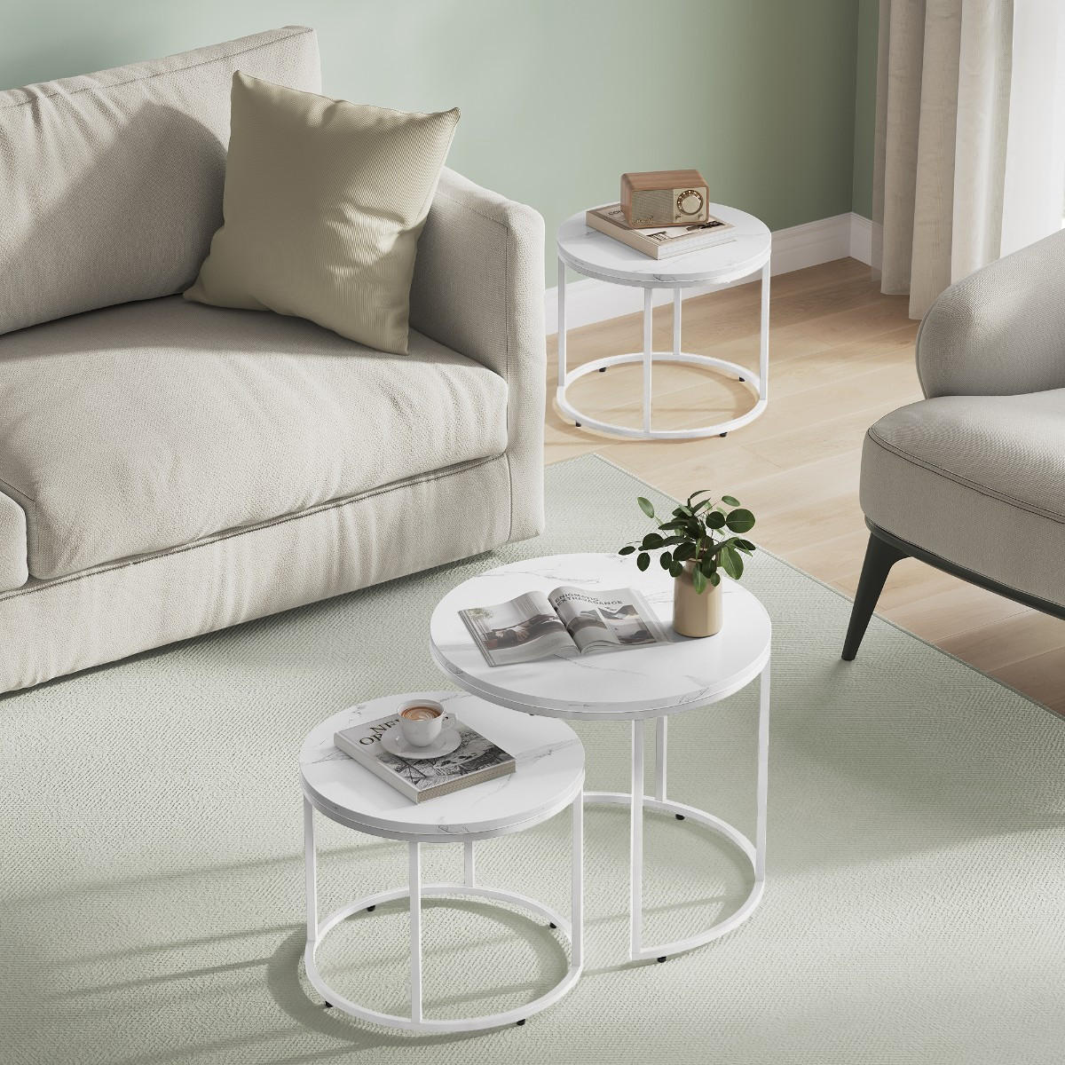 COUCHTISCH 2er Set rund marmor - Weiß, Holzwerkstoff (53/53/45cm) - Mat-Haus