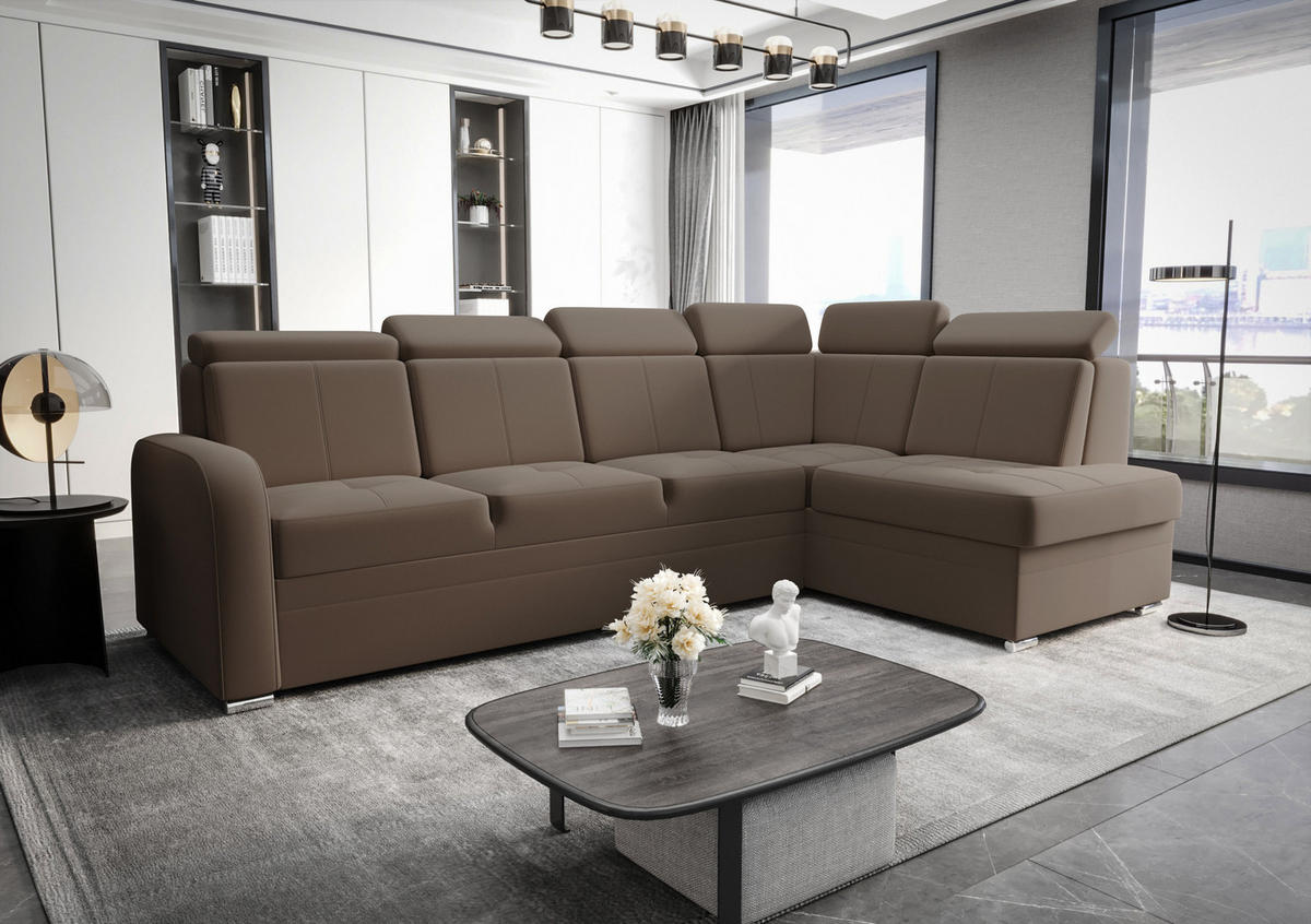 ECKSOFA KONGO RBN11, Eckcouch in L-Form mit Schlaffunktion, Farbe: Braun, Velourstoff, Ottomane Rechts - Braun, Textil (304/180cm) - O-Sofa