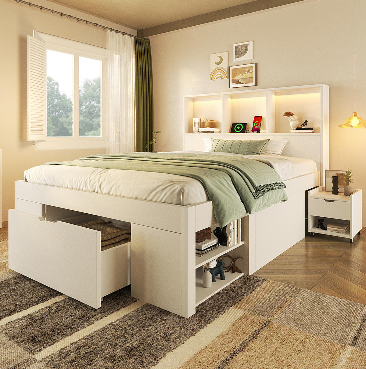 BETT mit Kopfteil 90/200 cm in Weiß – inkl. Lattenrost, Bettkasten und Nachttisch - Weiß, Holzwerkstoff (90/200cm) - BEAOK