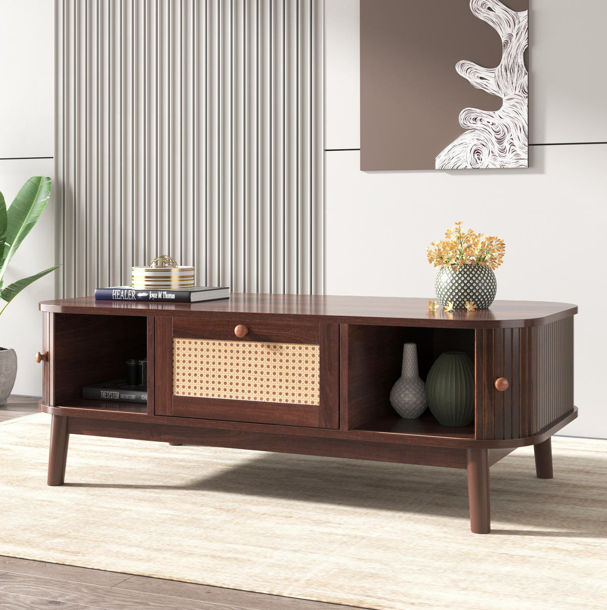 COUCHTISCH aus MDF 110x55x38,5 cm Naturfarben mit Schubladen, Türen und Rattan-Details - Naturfarben, Holzwerkstoff (110/55/38.5cm) - IVMEU